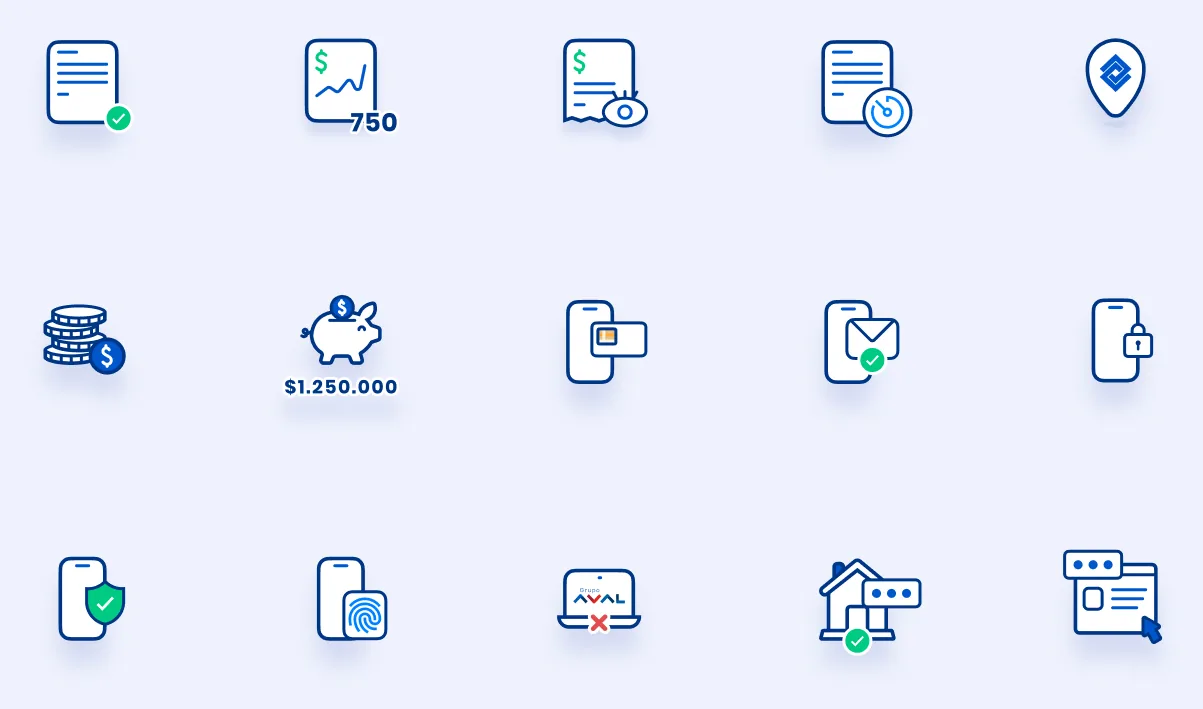 Quince íconos ilustrados en línea azul y verde: un extracto, un puntaje de crédito, un certificado, un documento programado, un pin de ubicación, monedas apiladas, una alcancía, un pago con el celular, un mensaje en el celular, un celular con un más, un celular protegido, un celular con huella, una transacción fallida, una casa y una ventana de navegador.