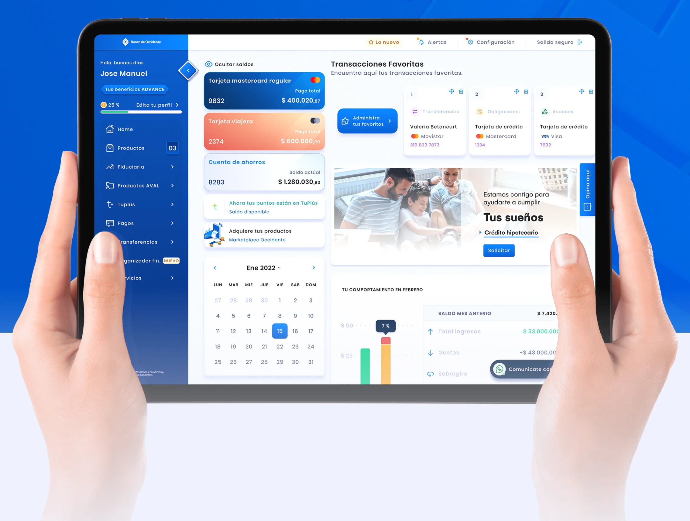 El portal transaccional del Banco de Occidente en una tableta: una barra lateral con el nombre del cliente y su nivel de beneficios, tarjetas de una Mastercard y de una cuenta de ahorros con sus saldos, una fila de transacciones favoritas, un calendario del mes y un gráfico de gastos.