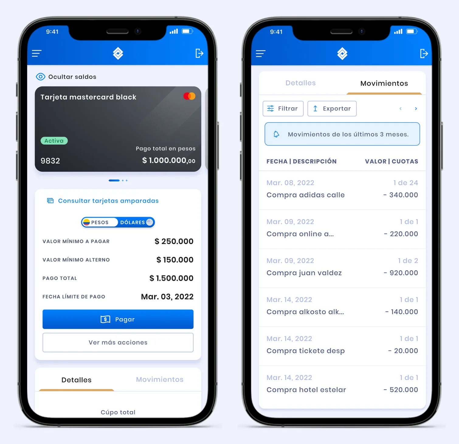 Dos pantallas de iPhone lado a lado: el detalle de una Mastercard Black con pago mínimo, pago total y fecha límite sobre un botón de Pagar, y la pestaña de movimientos con compras con tarjeta, fechas, número de cuotas y montos.