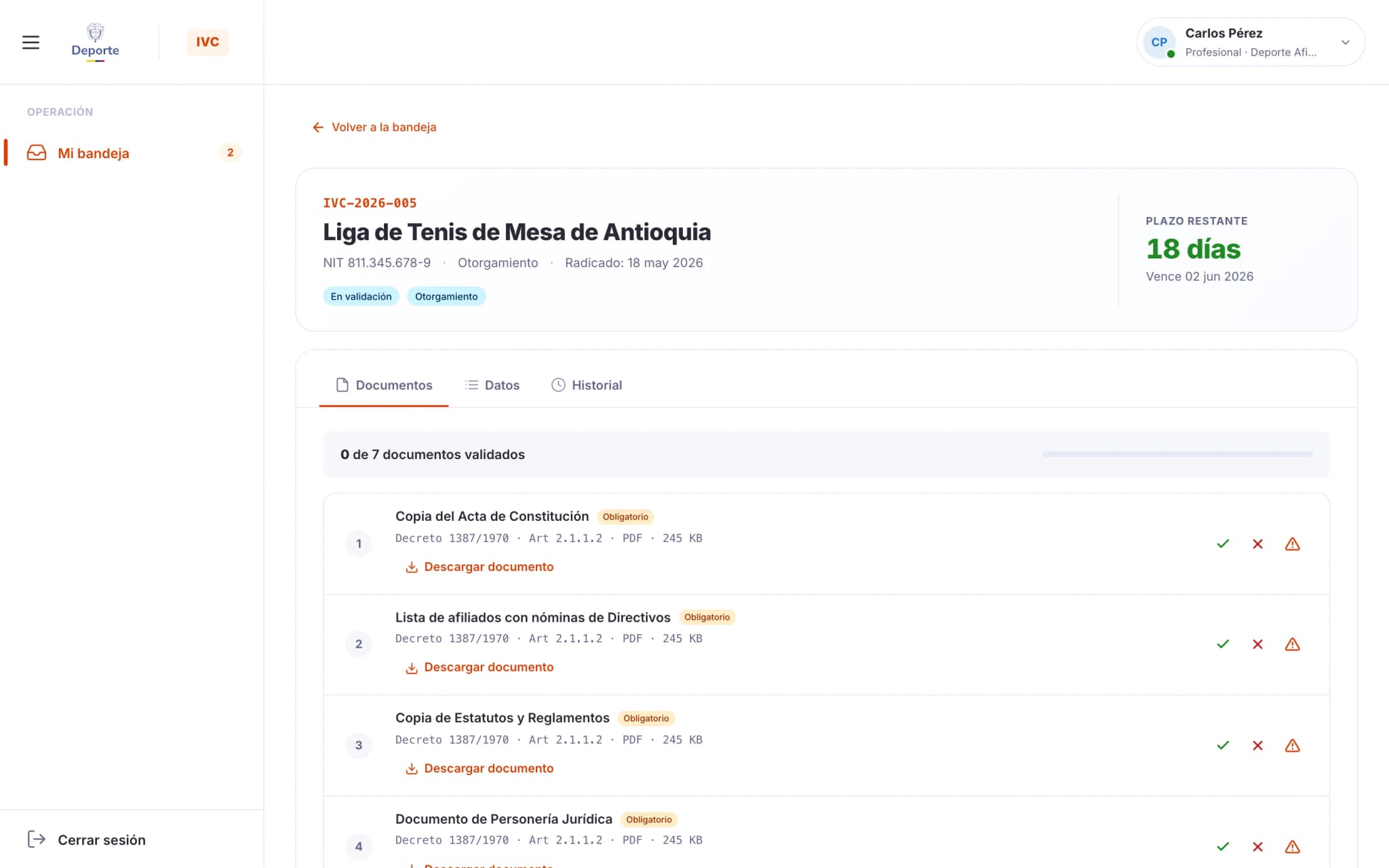 El espacio de trabajo del profesional en el trámite IVC-2026-005: 18 días de plazo junto a una lista de 7 documentos, cada uno citando el artículo del Decreto 1387/1970 al que responde, con validar, rechazar u observar por documento.