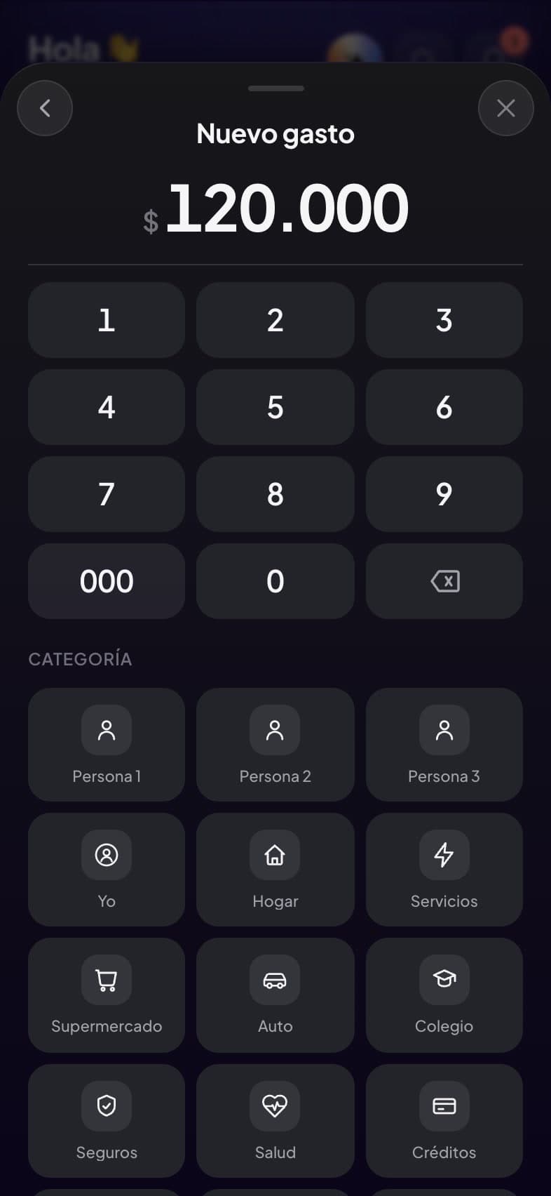Grabación de olbo: un gasto de 120.000 pesos digitado en el teclado propio de la app, categorizado y guardado; luego el tablero y la lista de movimientos se recalculan.