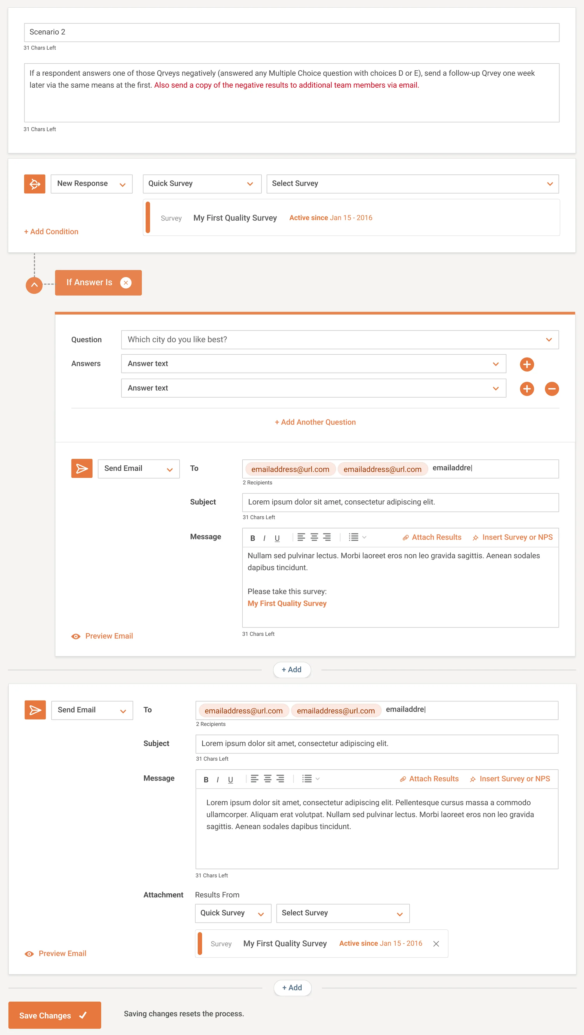 Un proceso completo armado a partir de un escenario escrito en lenguaje simple arriba: un disparador de respuesta nueva, una condición sobre la respuesta dada y dos acciones de correo —una a quien respondió con una encuesta de seguimiento y otra al equipo con los resultados— sobre un botón de Guardar cambios que advierte que guardar reinicia el proceso.
