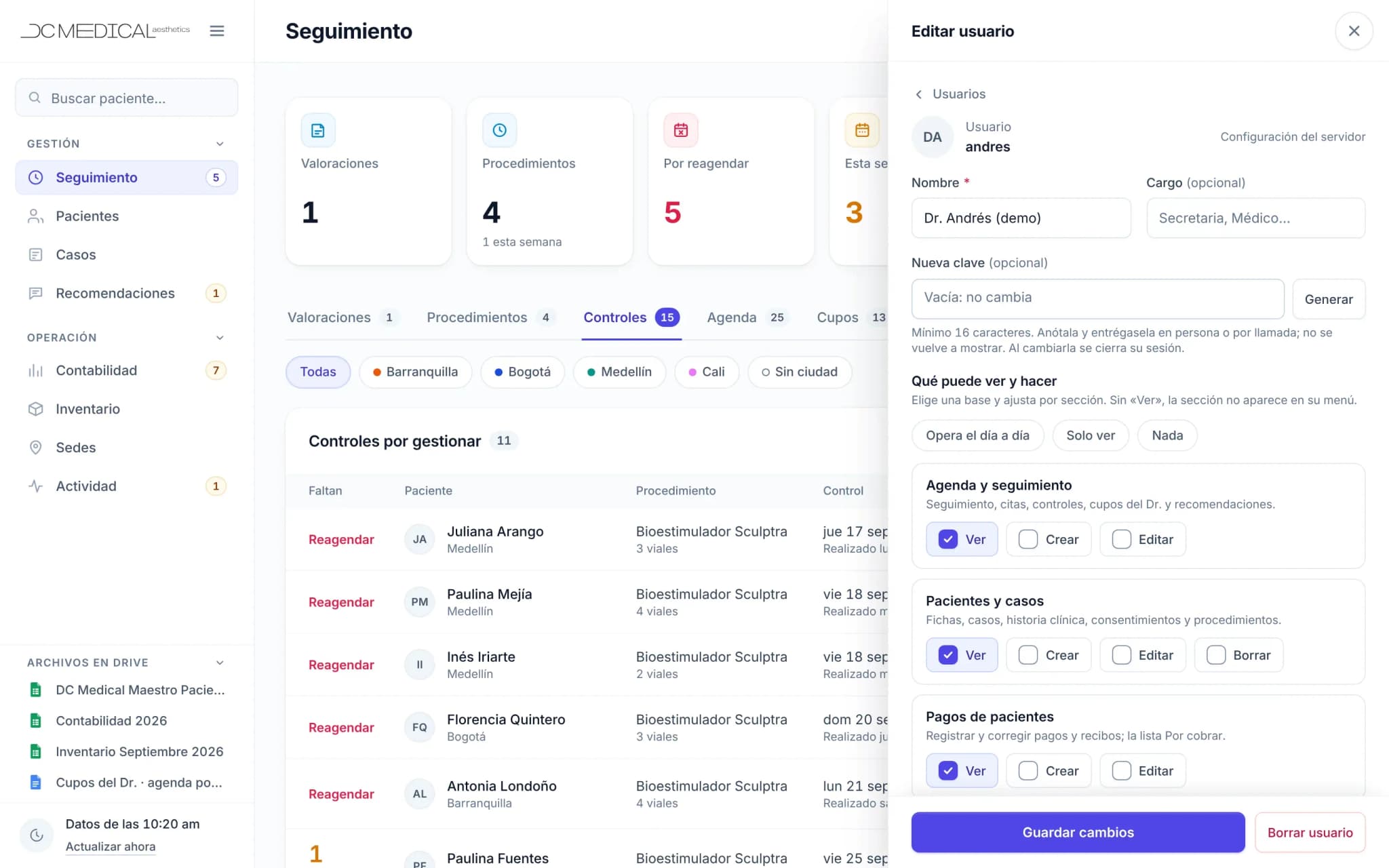 Edición de un usuario en Usuarios y permisos: la cuenta del médico en solo ver, con casillas para ver, crear y editar por área —y borrar, en pacientes y casos— en agenda y seguimiento, pacientes y casos y pagos de pacientes, bajo plantillas para operar el día, solo ver y nada.