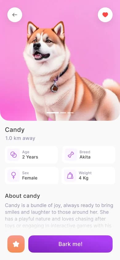 El perfil de una mascota: una fotografía grande, el nombre y la distancia, una grilla de cuatro celdas con edad, raza, sexo y peso, una descripción escrita y un botón principal de Bark me junto a uno de favorito.