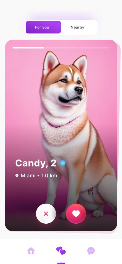 La pantalla para deslizar: pestañas For you y Nearby sobre una tarjeta a sangre con la foto de un perro, su nombre, edad y distancia, y botones redondos para descartar y dar like debajo.