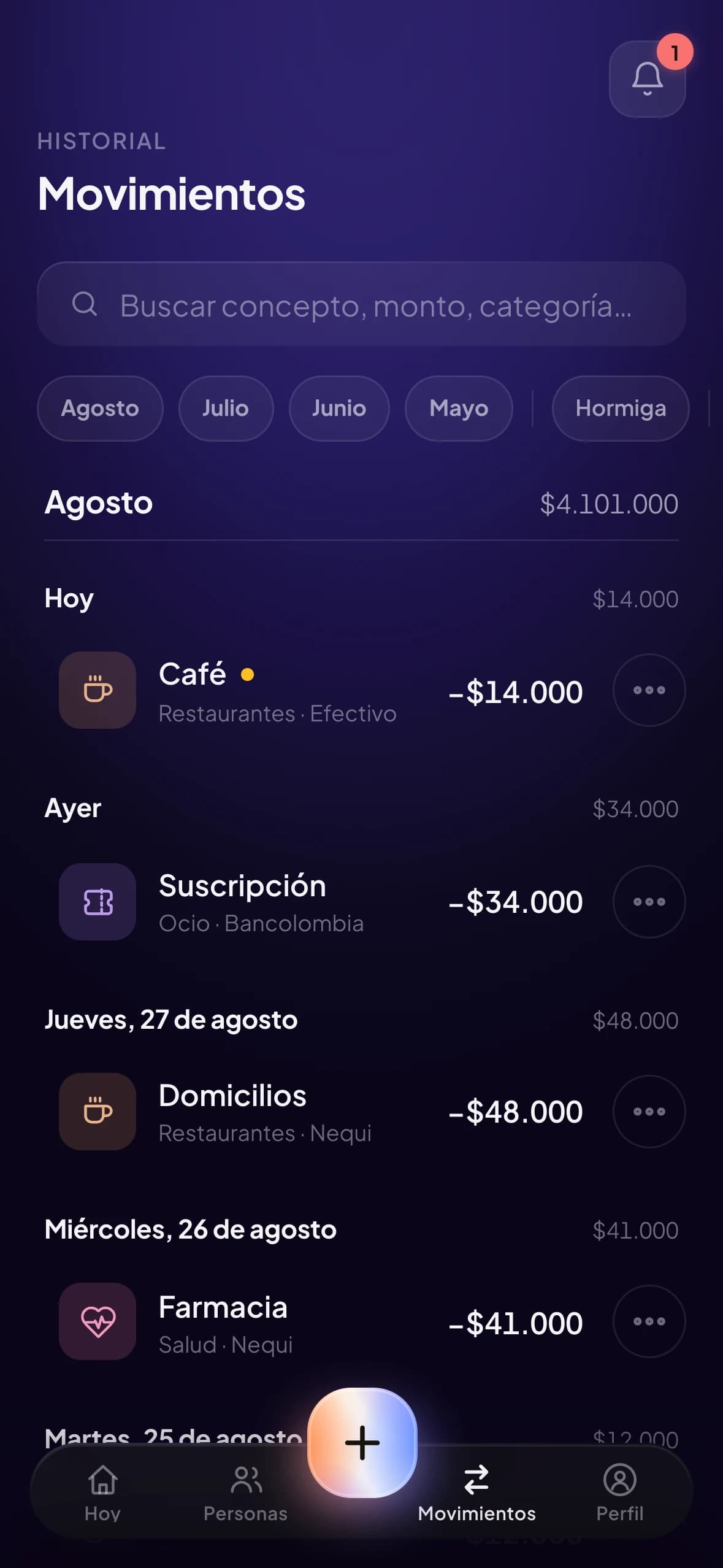 Lista de movimientos de olbo: gastos registrados, agrupados y categorizados, guardados localmente en IndexedDB.