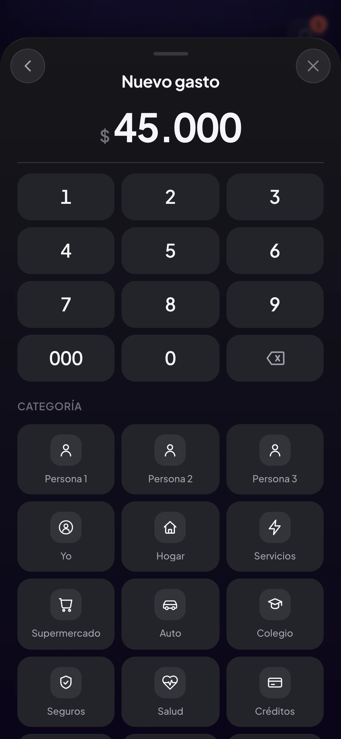 Pantalla de captura de olbo: un movimiento registrado en pesos colombianos enteros en pocos toques.